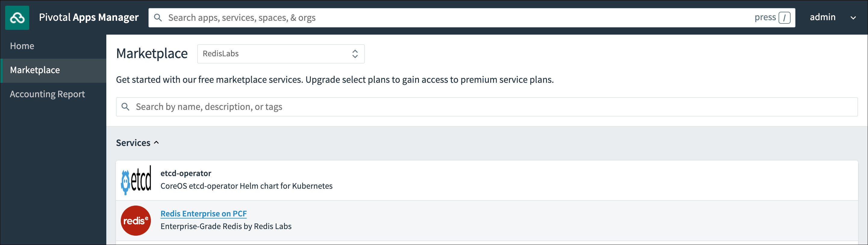 Marketplace in Apps Manager