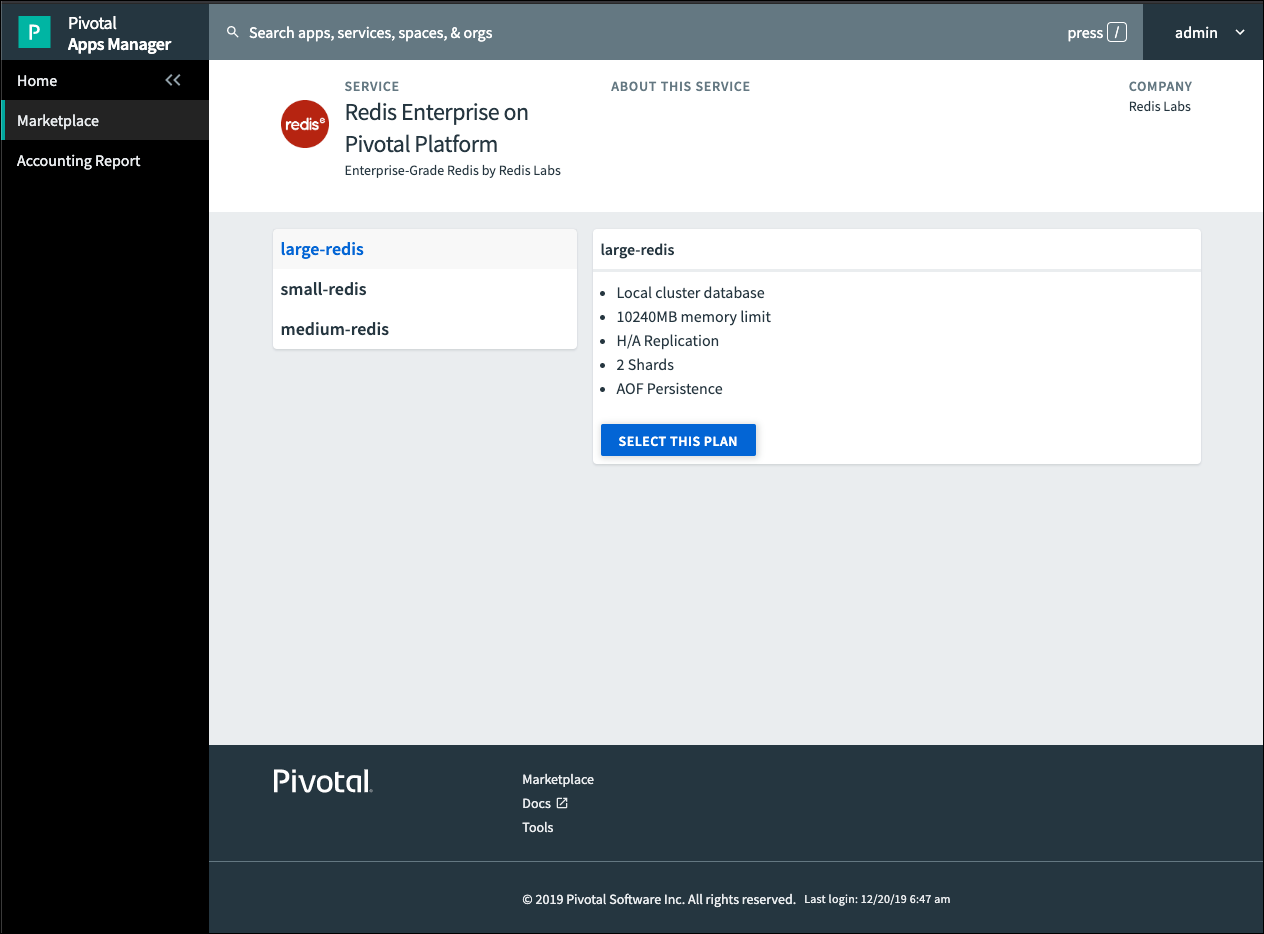 Service plans shown in Apps Manager